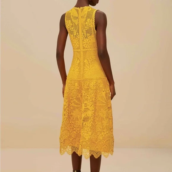 NWOT! Farm Rio Landscape Guipure Mustard Yellow Midi Dress - Picture 4 of 6
